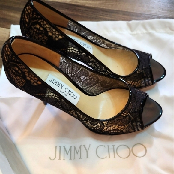 Jimmy Choo Black Luna Peep Toe Lace Pumps, Size 37 /US 7 Authentic - Picture 4 of 13